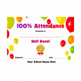 100% Attendance Award Certificate- Balloons 